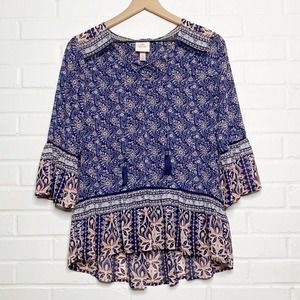 Knox Rose Blue Floral Boho Lace Up Neck Tassel Top